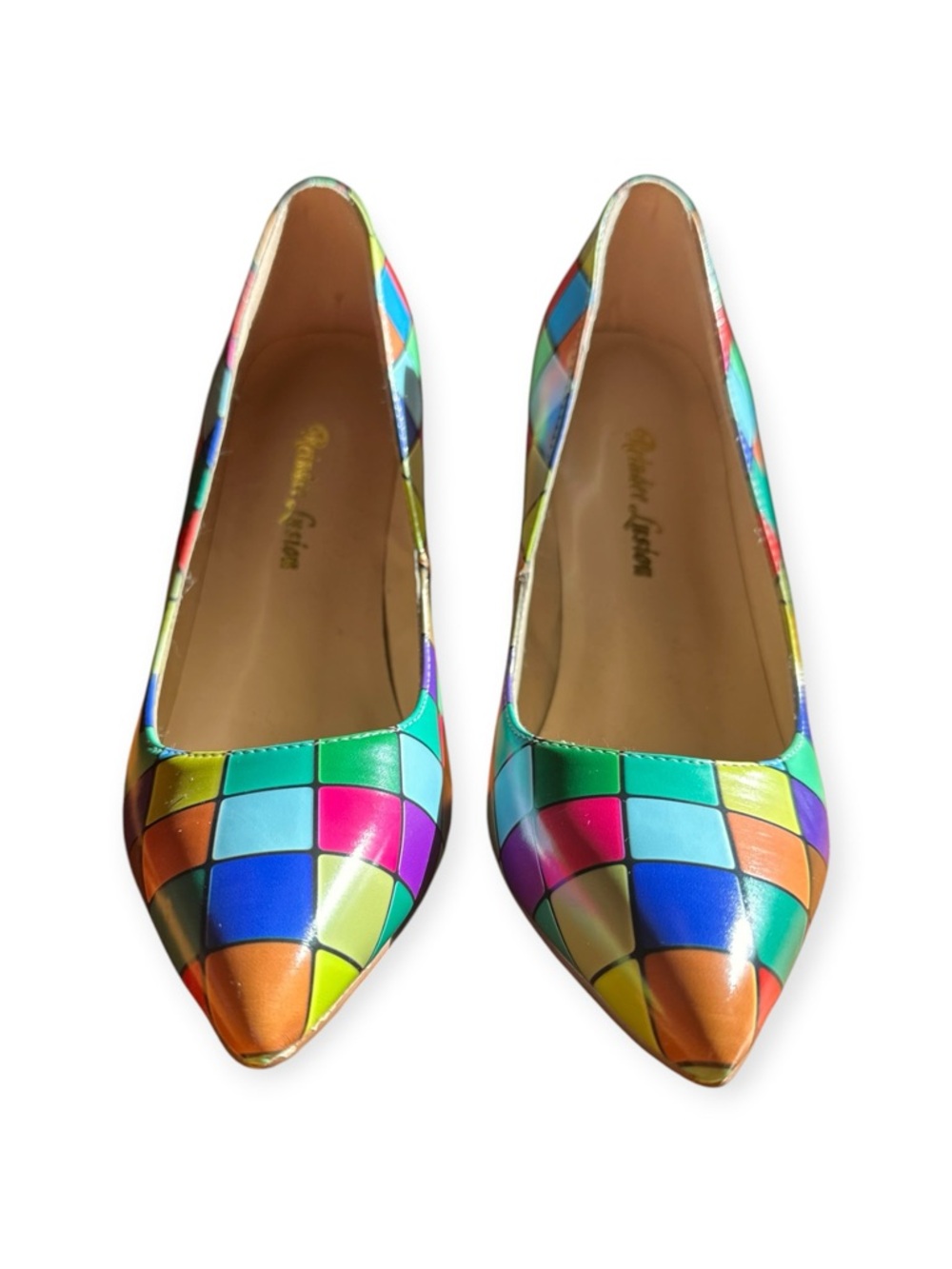 Quincee Easton Multi-Color Geometric Mosaic Pointed Toe Pumps, Size 38/8 NWOT - Picture 2 of 12